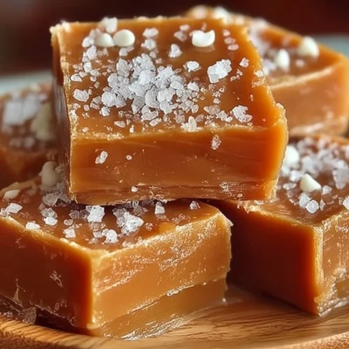 Delicious homemade salted caramel fudge on a plate with a sprinkle of sea salt.