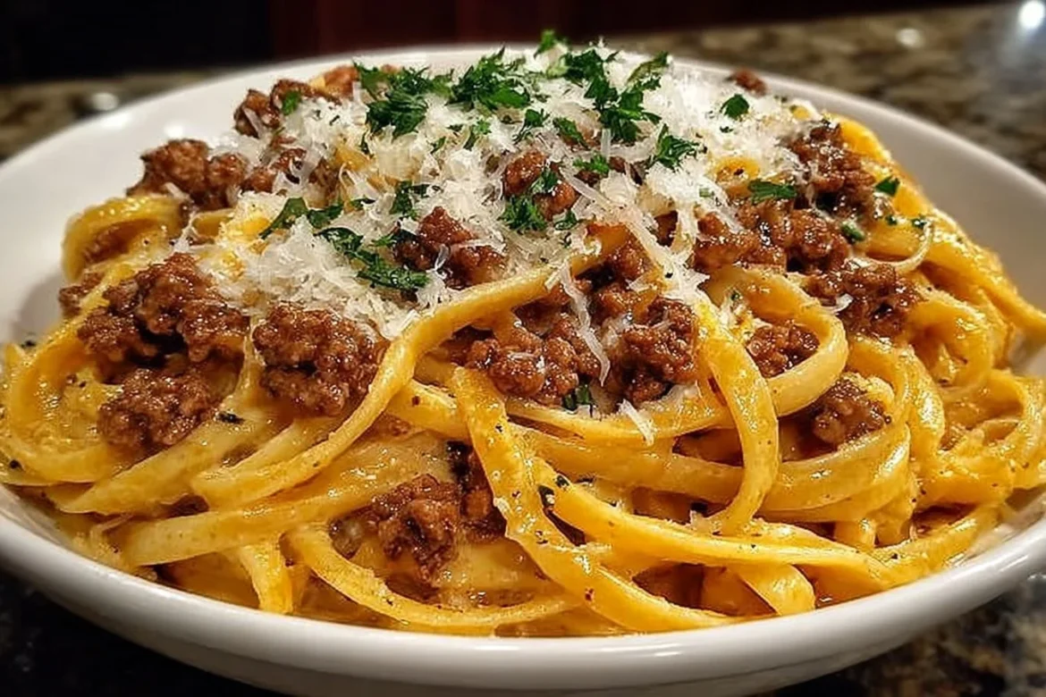 Savory garlic butter linguine with ground beef and creamy parmesan sauce