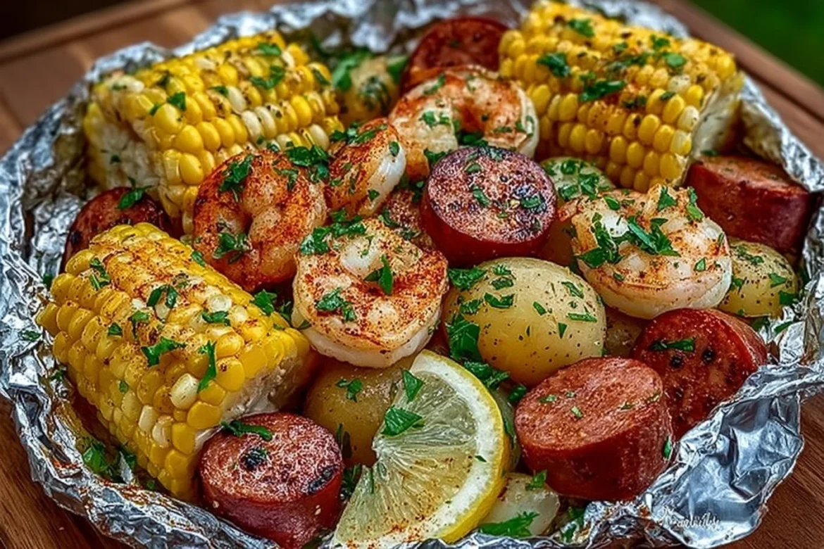Shrimp foil pack with corn, potatoes, and smoked sausage on a grill.