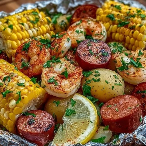 Shrimp foil pack with corn, potatoes, and smoked sausage on a grill.