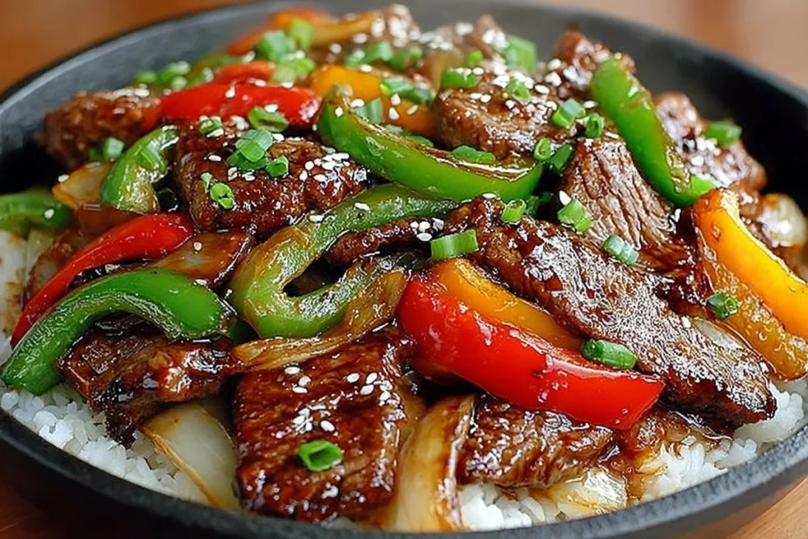 Delicious Chinese pepper steak with onions served on a plate