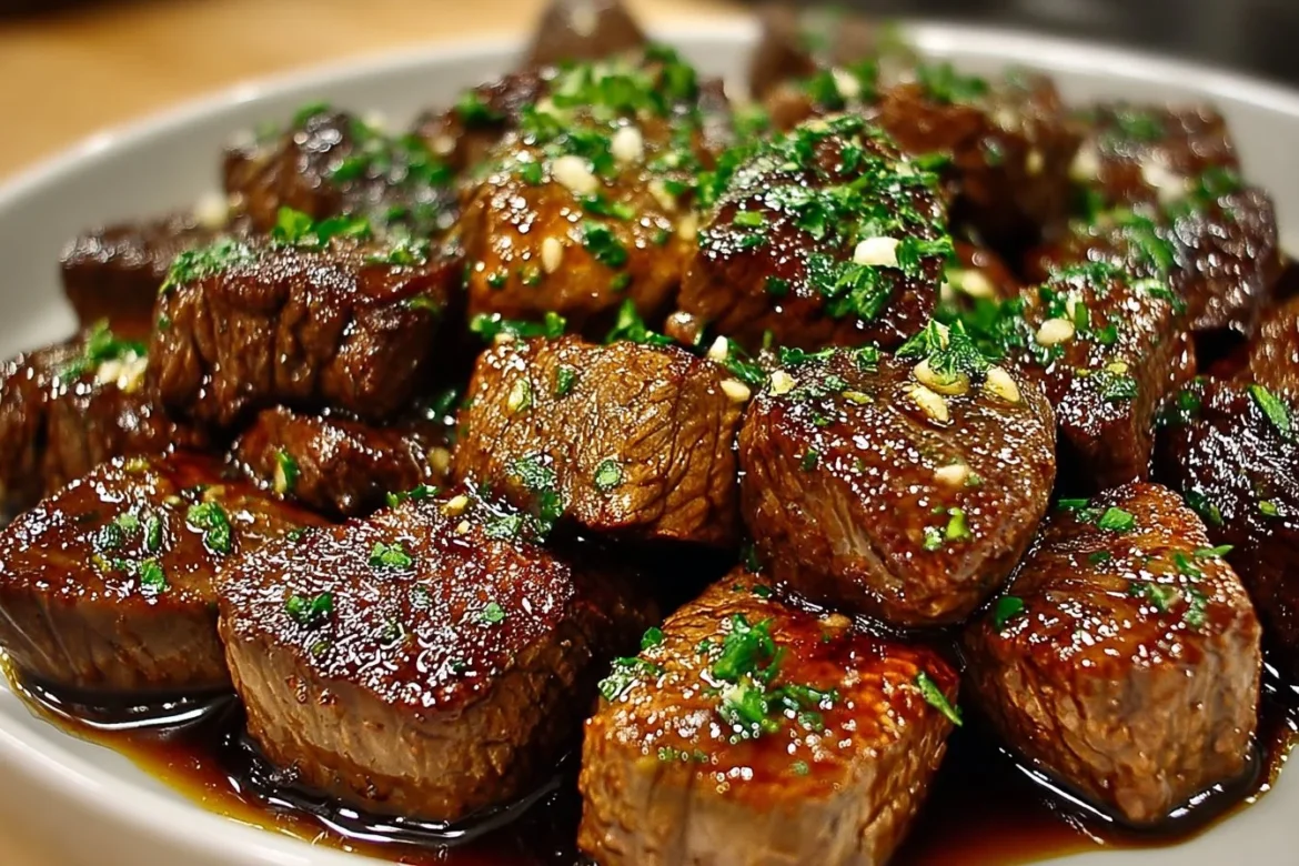 Delicious slow-cooked garlic butter steak bites served on a plate