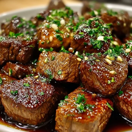 Delicious slow-cooked garlic butter steak bites served on a plate