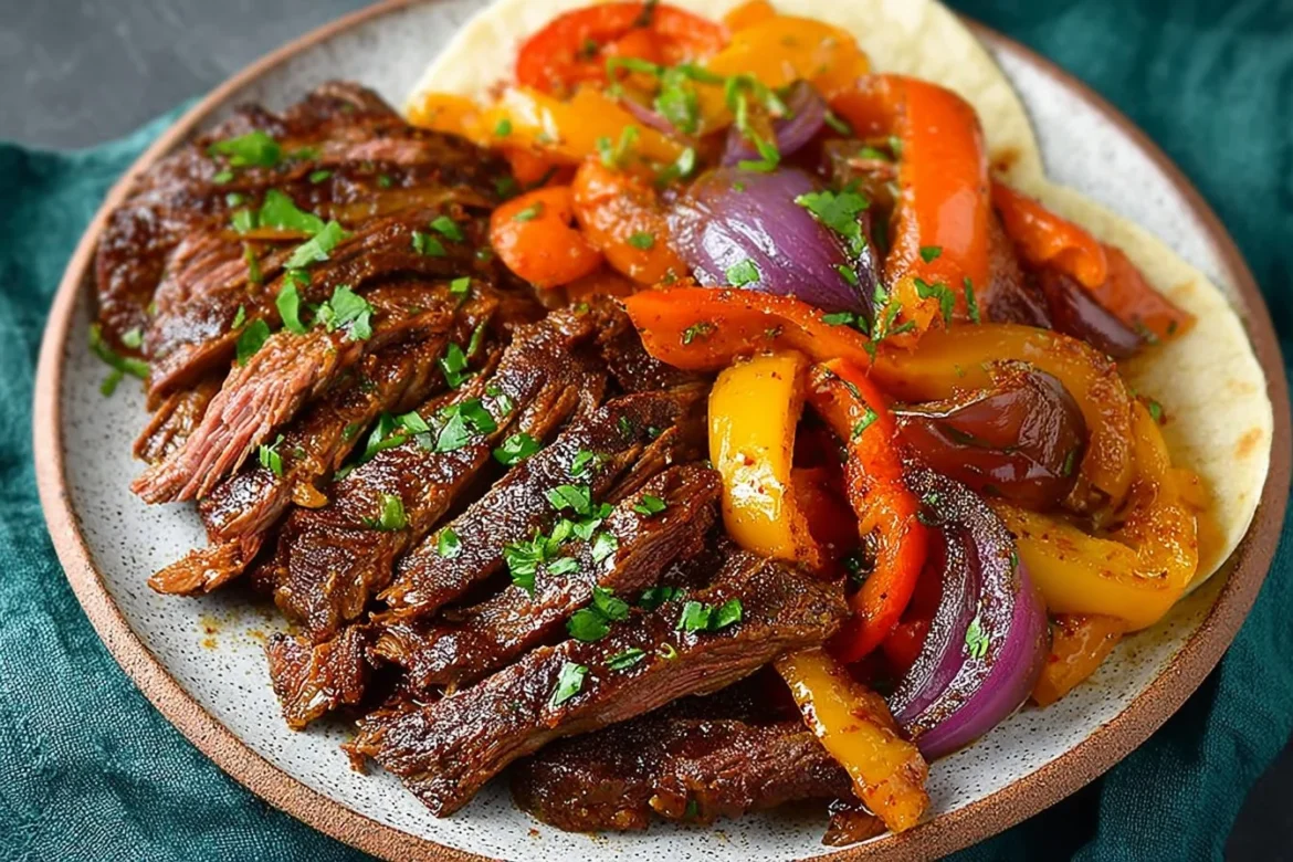 Slow cooked steak fajitas with peppers and onions in a tortilla