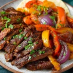 Slow cooked steak fajitas with peppers and onions in a tortilla