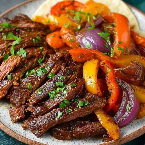 Slow cooked steak fajitas with peppers and onions in a tortilla