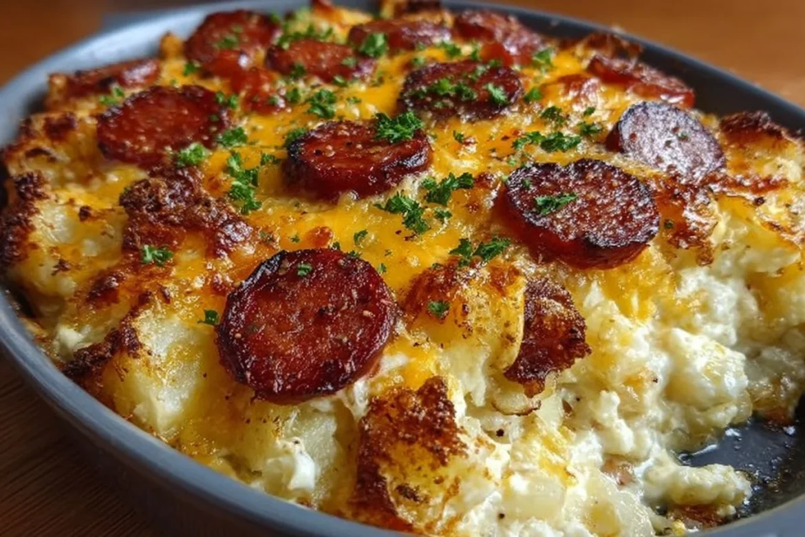 Smoked sausage and cheesy potato casserole served in a rustic dish