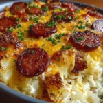 Smoked sausage and cheesy potato casserole served in a rustic dish