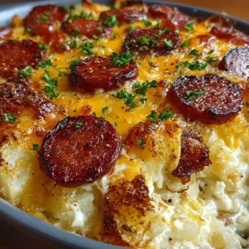 Smoked sausage and cheesy potato casserole served in a rustic dish