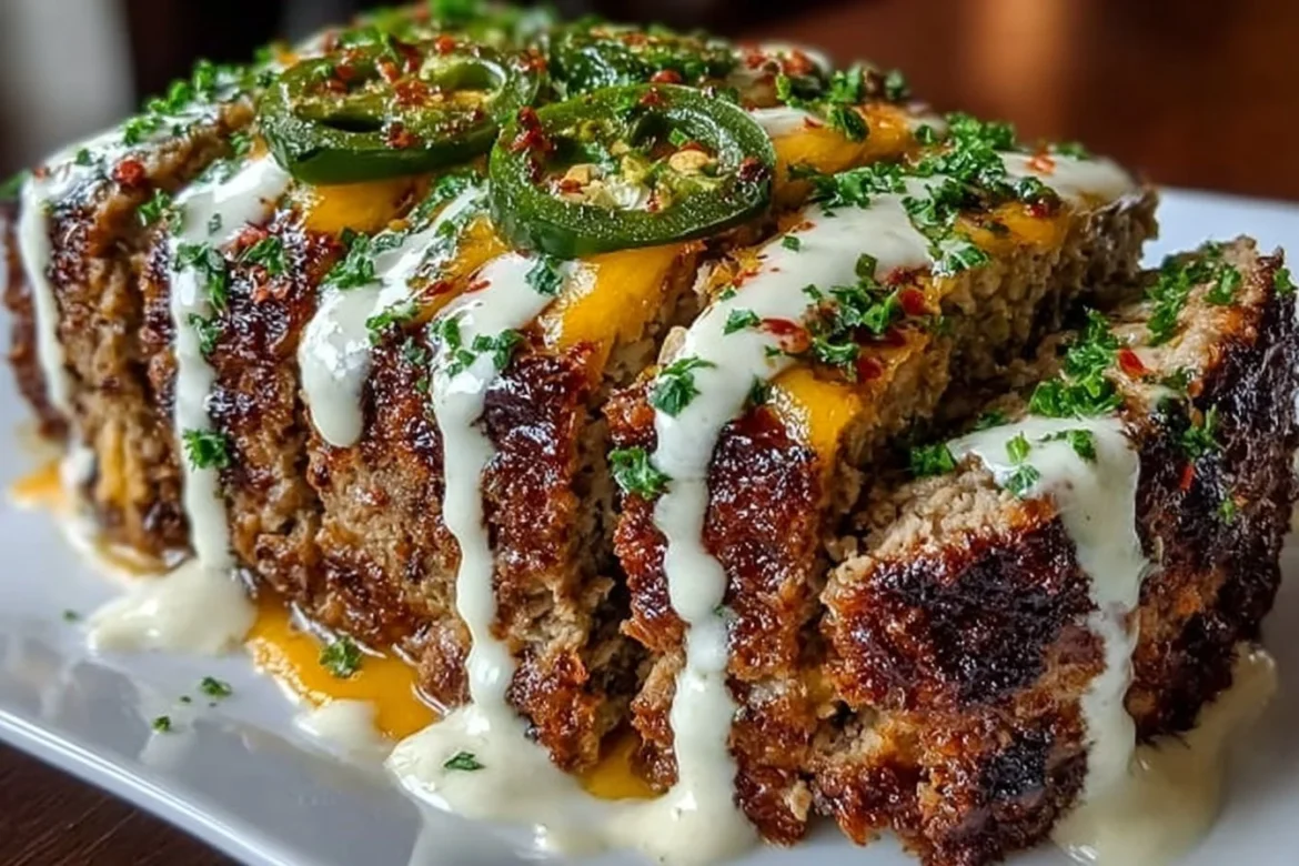 Smoky Jalapeño Popper Meatloaf drizzled with creamy ranch dressing on a plate.