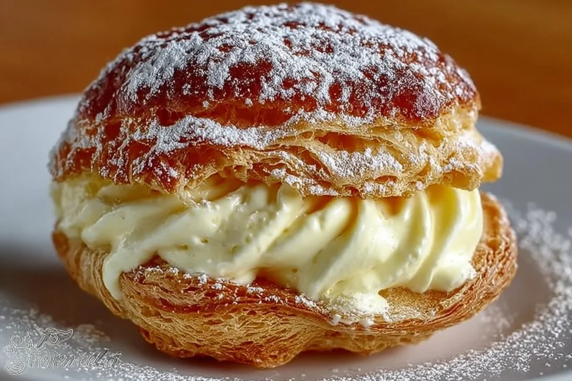 Delicious Italian cream puffs with custard filling on a plate