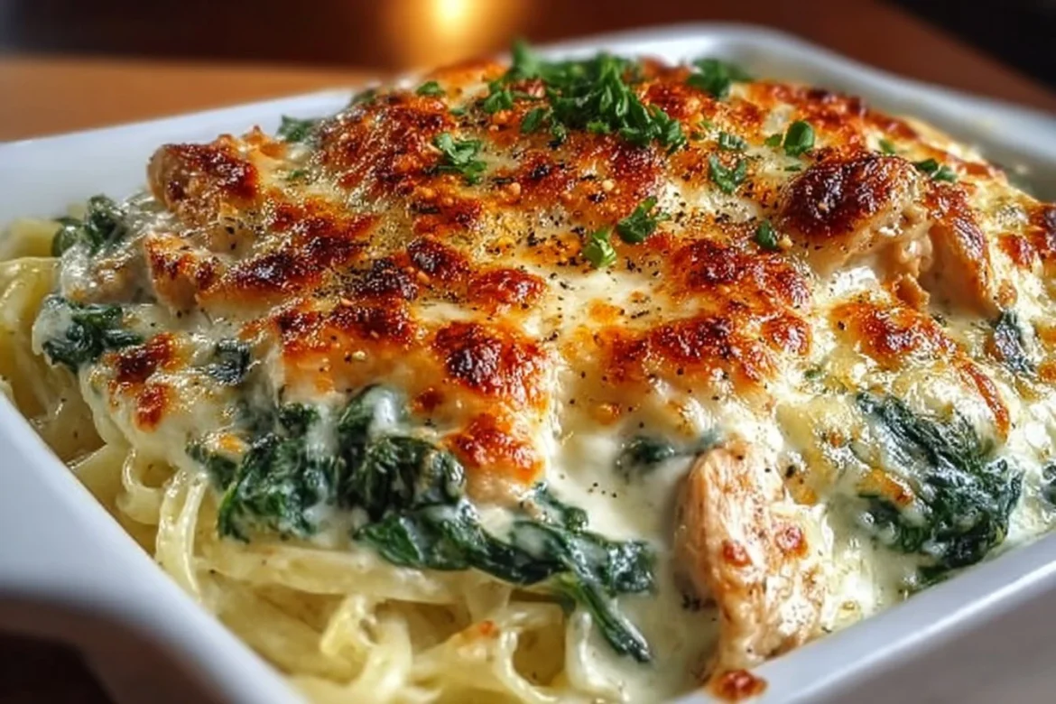 Creamy Spinach Chicken Alfredo Delight served in a bowl with fresh ingredients.