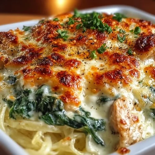 Creamy Spinach Chicken Alfredo Delight served in a bowl with fresh ingredients.
