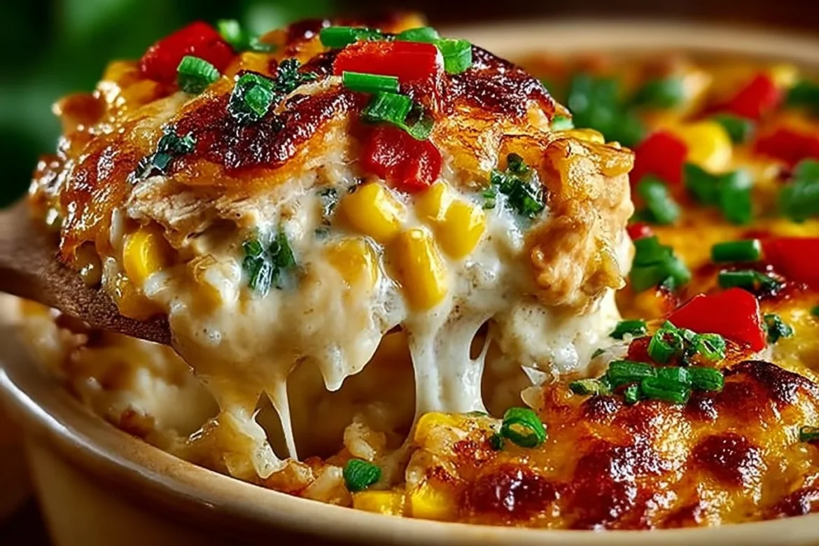 Delicious Street Corn Chicken Casserole with chicken and corn topped with cheese