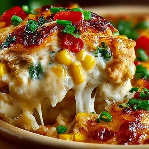 Delicious Street Corn Chicken Casserole with chicken and corn topped with cheese