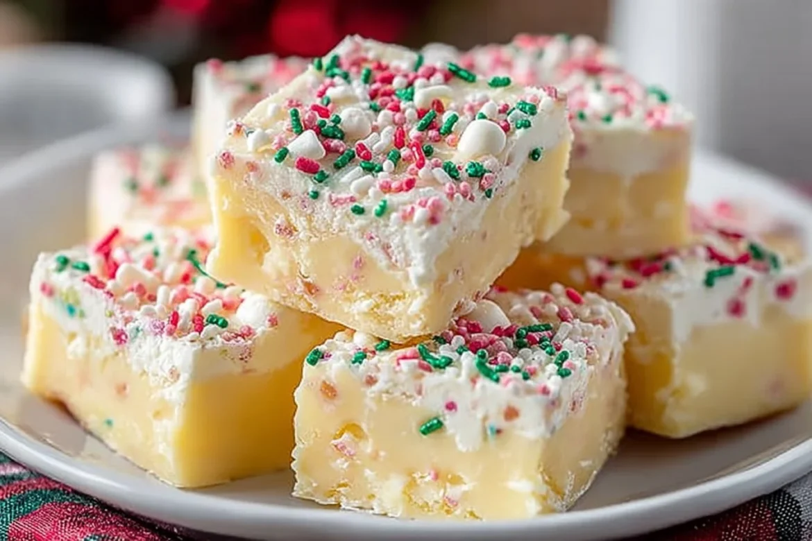 Delicious Sugar Cookie Fudge squares with colorful sprinkles on top