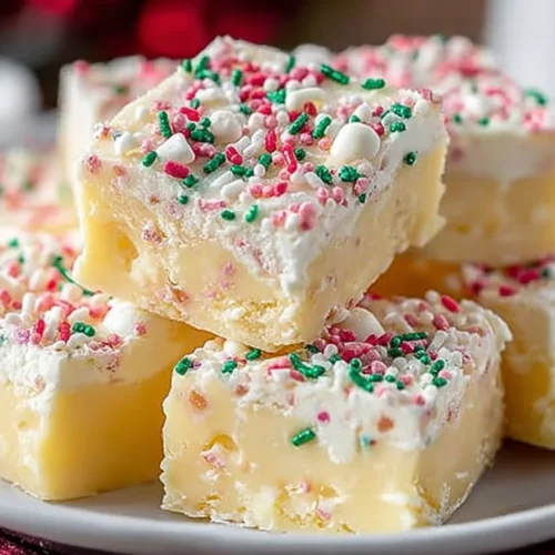 Delicious Sugar Cookie Fudge squares with colorful sprinkles on top