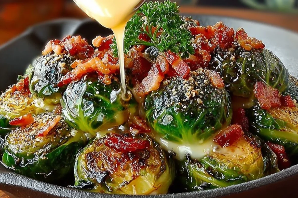 Delicious honey-glazed Brussels sprouts with crispy bacon on a plate
