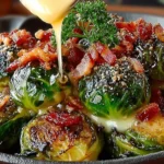 Delicious honey-glazed Brussels sprouts with crispy bacon on a plate