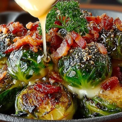 Delicious honey-glazed Brussels sprouts with crispy bacon on a plate