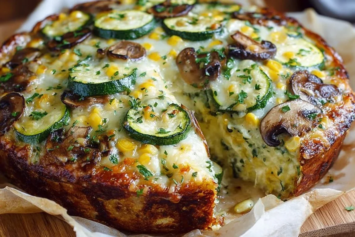 Delicious Sweet Corn Zucchini Pie served on a wooden table