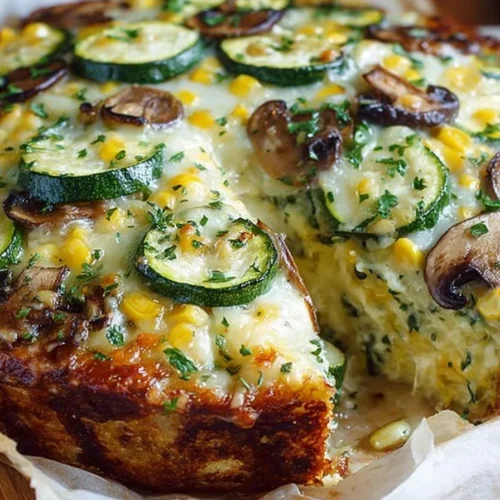 Delicious Sweet Corn Zucchini Pie served on a wooden table