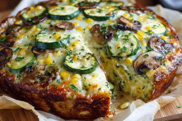 Delicious Sweet Corn Zucchini Pie served on a wooden table