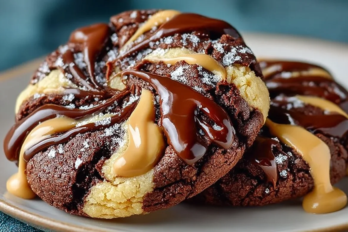 Swirled brownie cookies topped with peanut butter swirl on a white plate