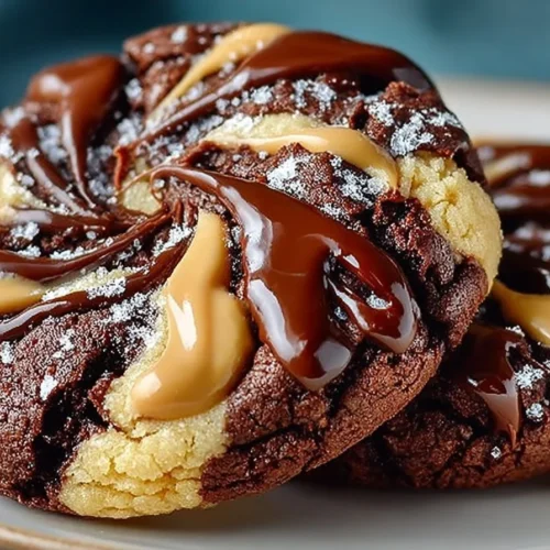 Swirled brownie cookies topped with peanut butter swirl on a white plate