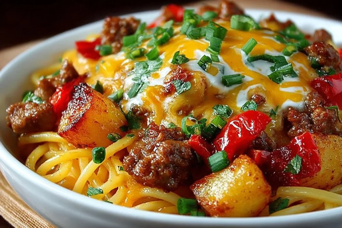Delicious plate of taco spaghetti garnished with fresh cilantro