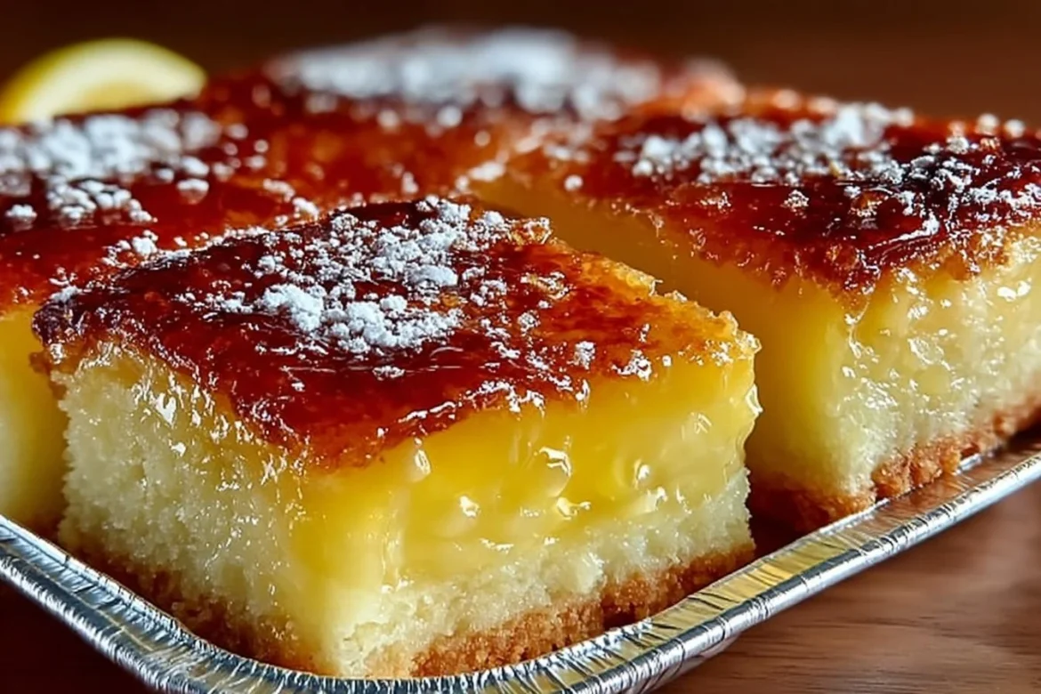 Delicious two-ingredient lemon bars topped with powdered sugar on a plate