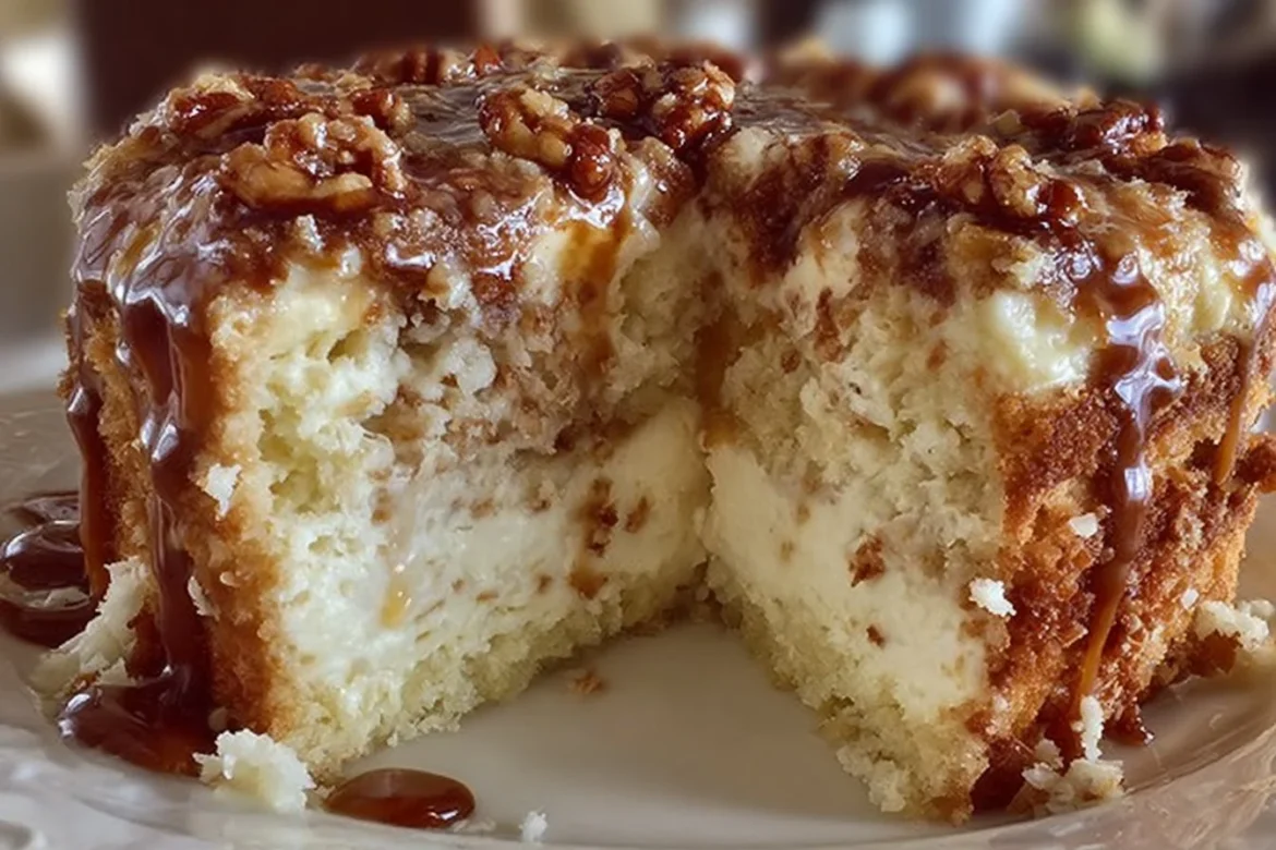 White German Chocolate Cake with a creamy cheesecake center and decorative chocolate shavings