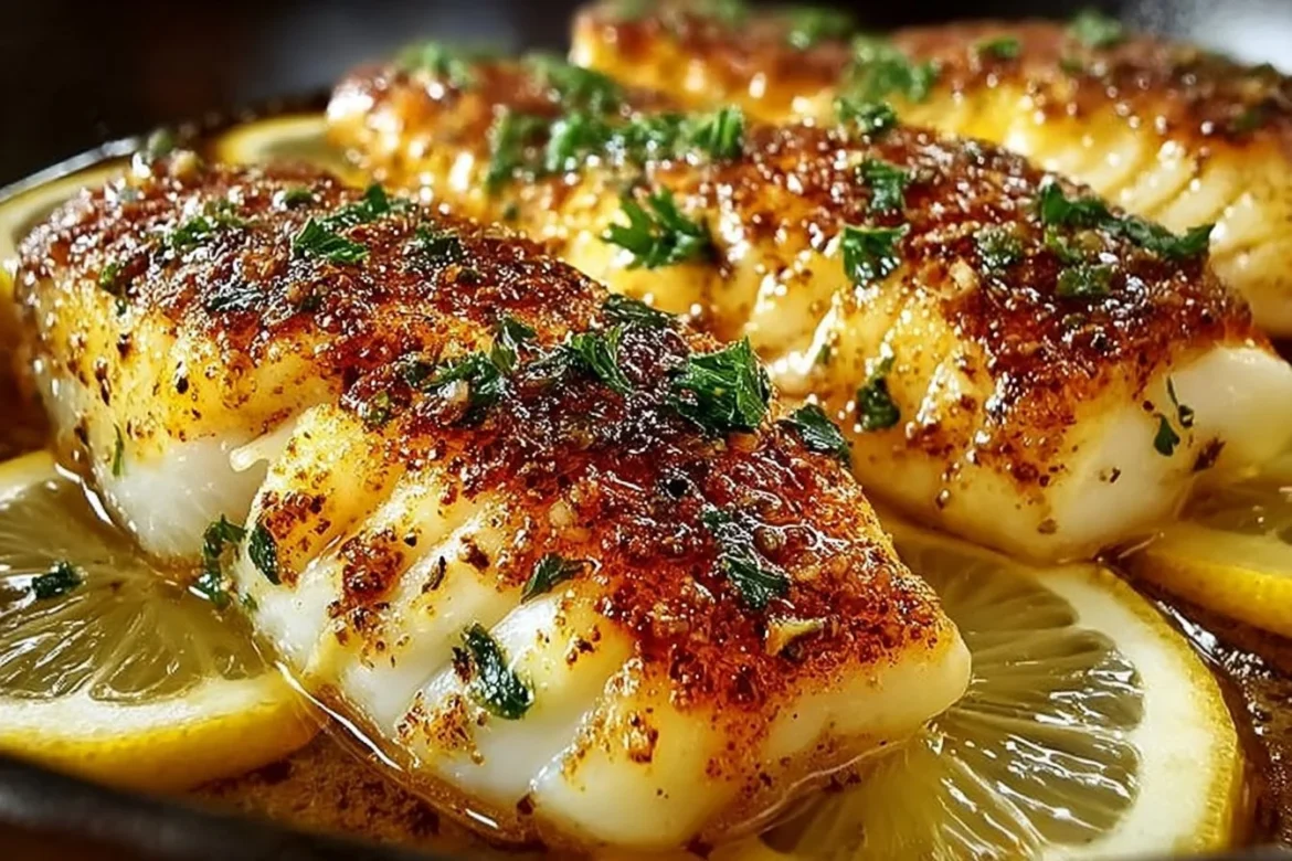 Zesty lemon butter fish fillet served with fresh herbs and lemon slices