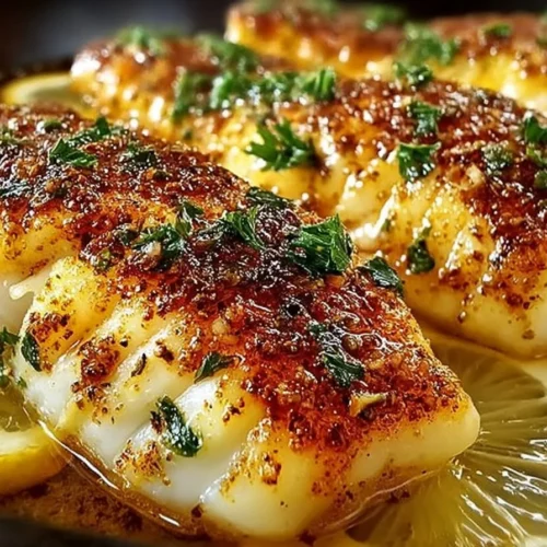 Zesty lemon butter fish fillet served with fresh herbs and lemon slices