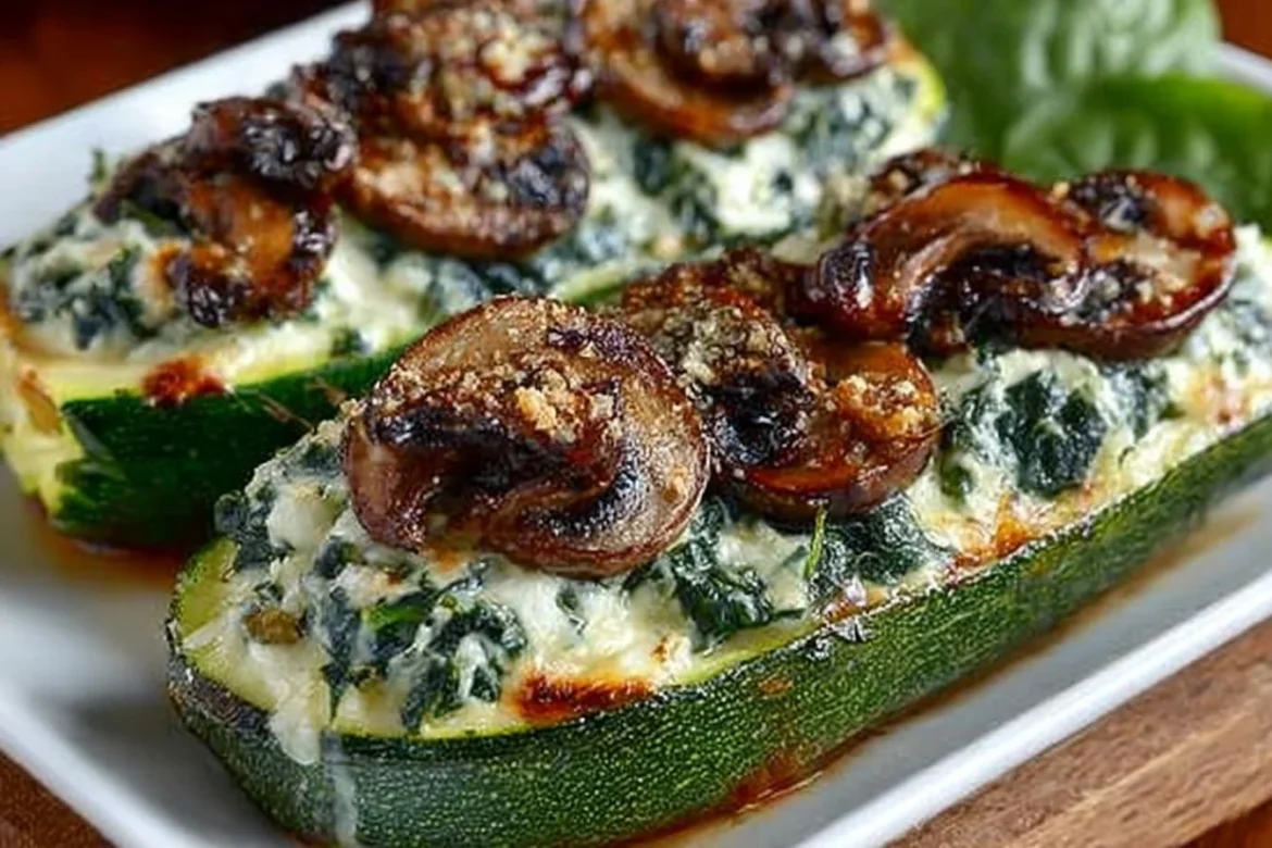 Zucchini boats filled with spinach, mushrooms, and ricotta cheese fresh from the oven.