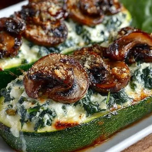 Zucchini boats filled with spinach, mushrooms, and ricotta cheese fresh from the oven.