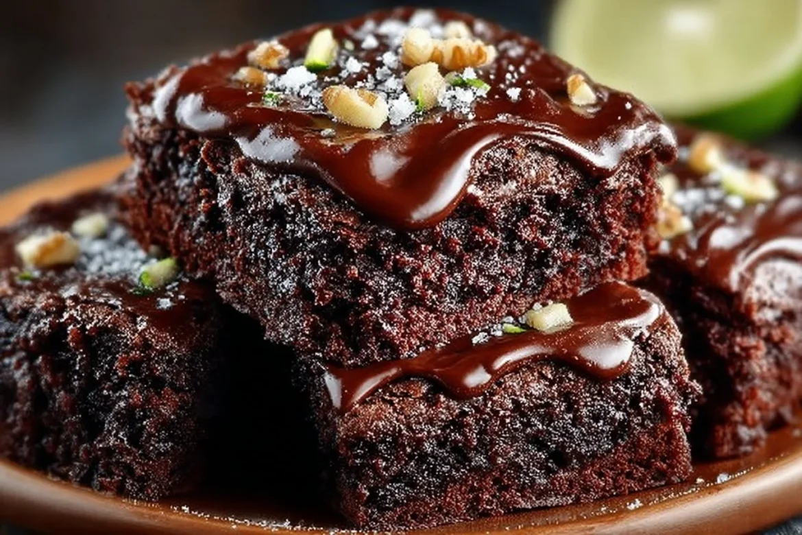 Delicious zucchini brownies topped with chocolate glaze on a white plate
