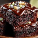 Delicious zucchini brownies topped with chocolate glaze on a white plate