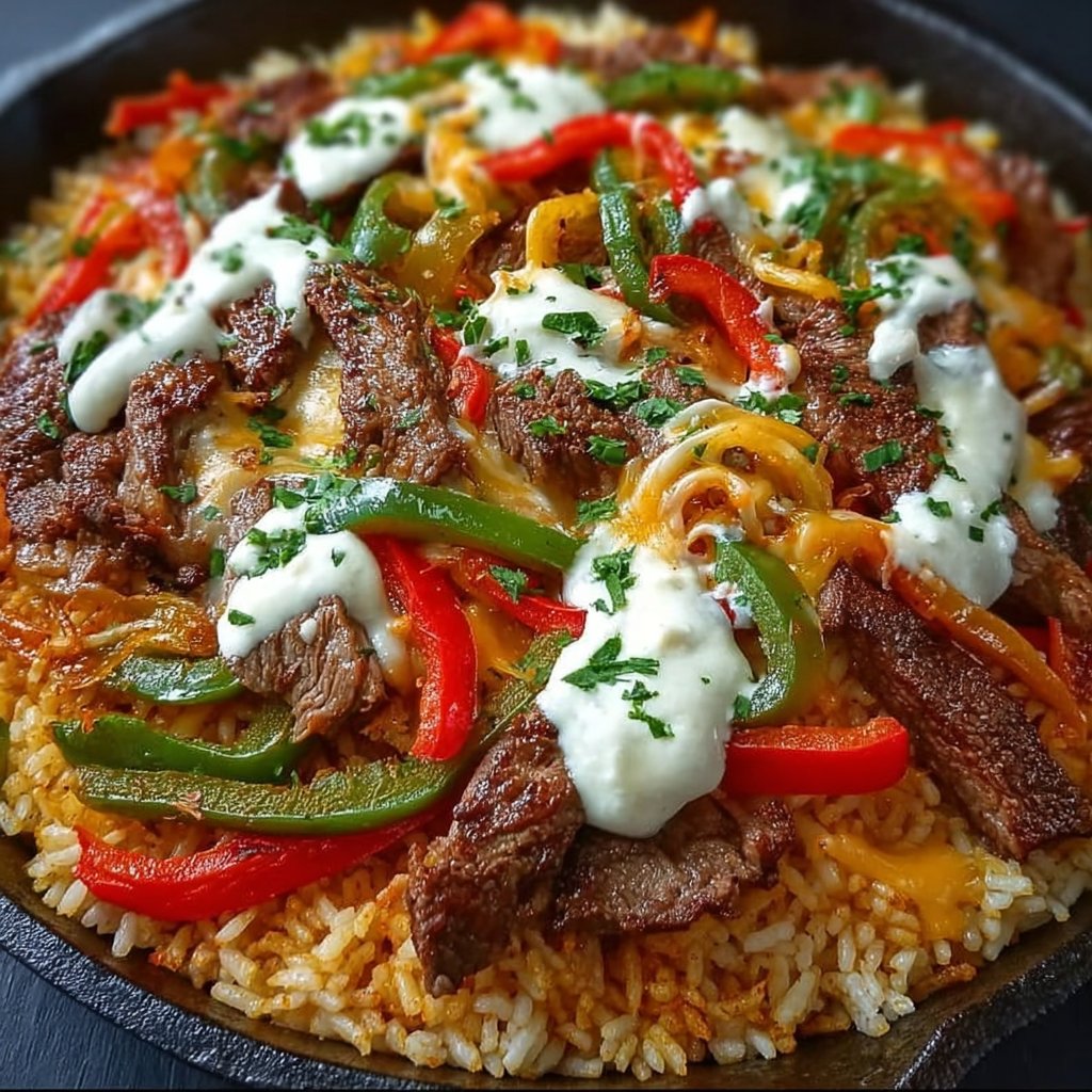 Cheese Steak Fajita Skillet Over Mexican Rice