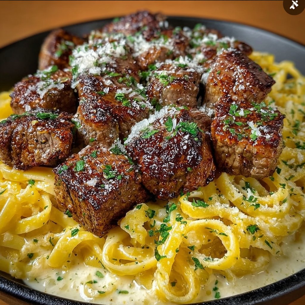Cheesy Garlic Steak Bites & Creamy Linguine