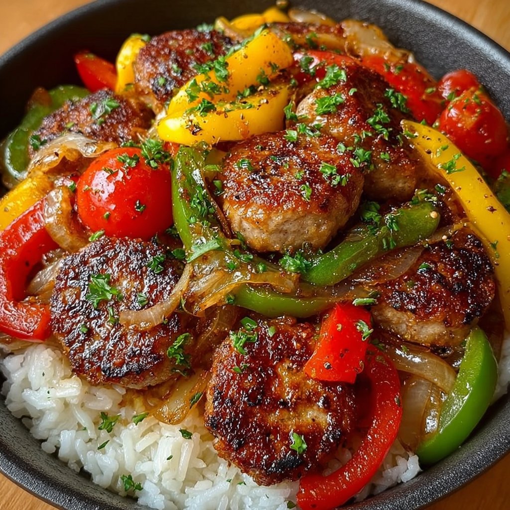 Sausage with Peppers, Onions & Tomatoes Over Rice