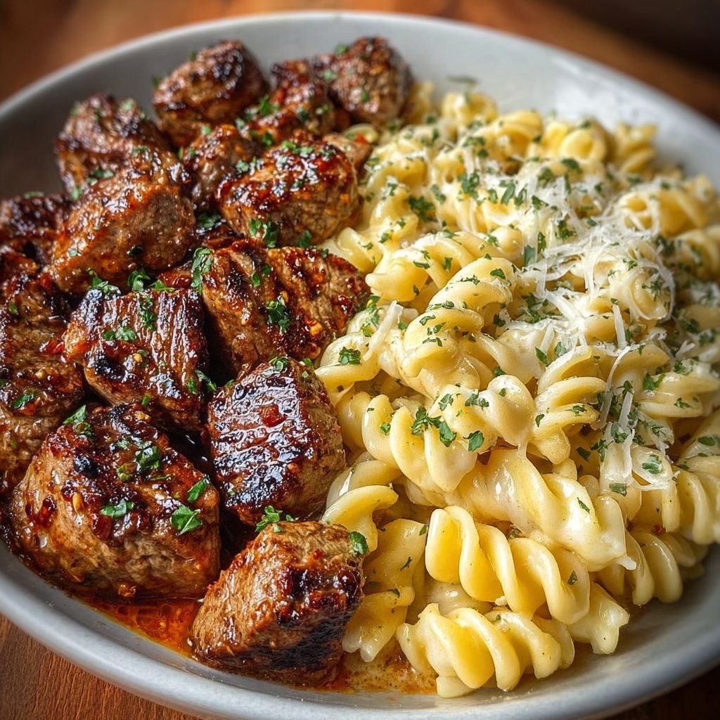 Garlic Butter Steak Bites & Creamy Alfredo Pasta