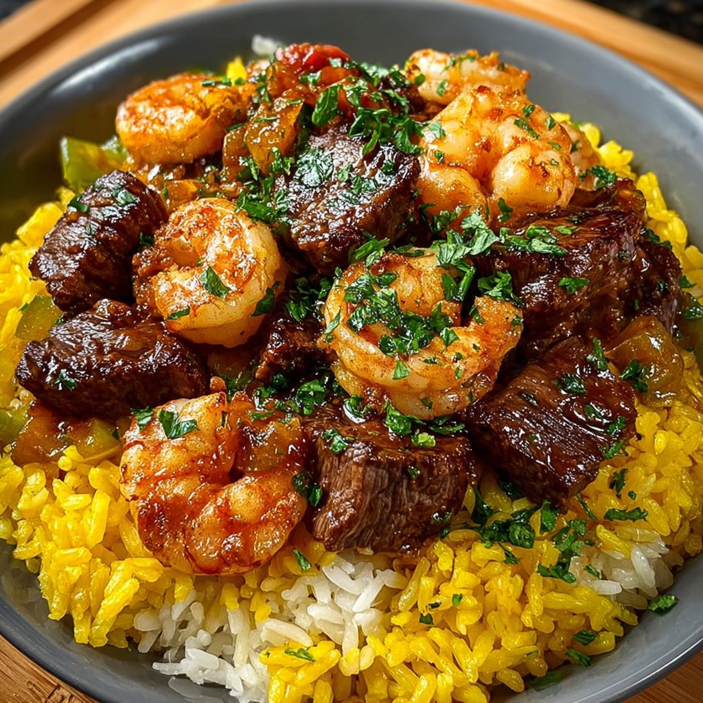 Honey Garlic Steak & Shrimp over Yellow Rice