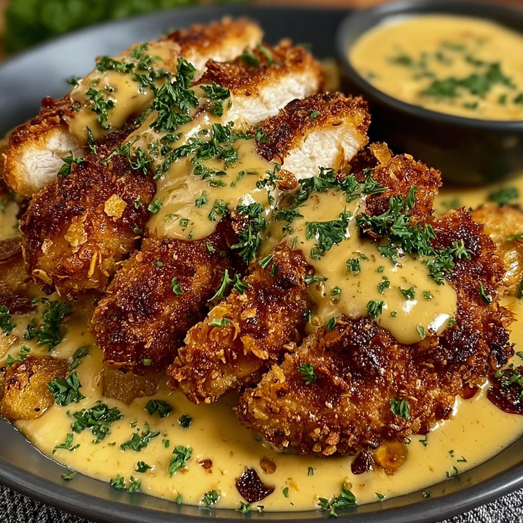 Pretzel-Crusted Chicken with Creamy Mustard Cheddar Sauce
