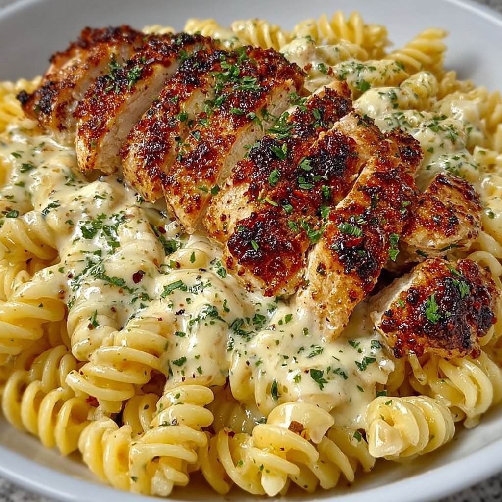 Creamy Garlic Parmesan Chicken with Cheesy Twisted Pasta