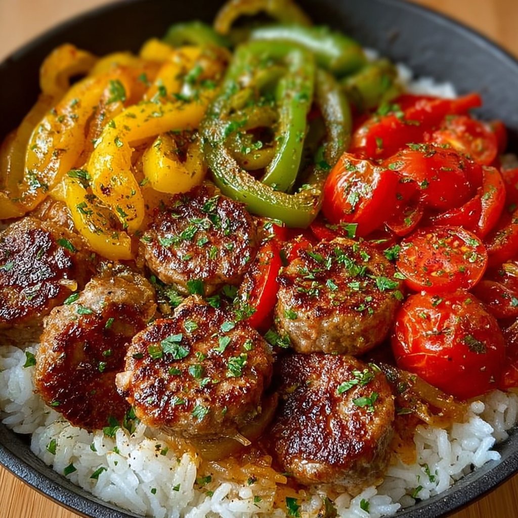 Sausage, Onion, Bell Peppers & Tomatoes Over Rice
