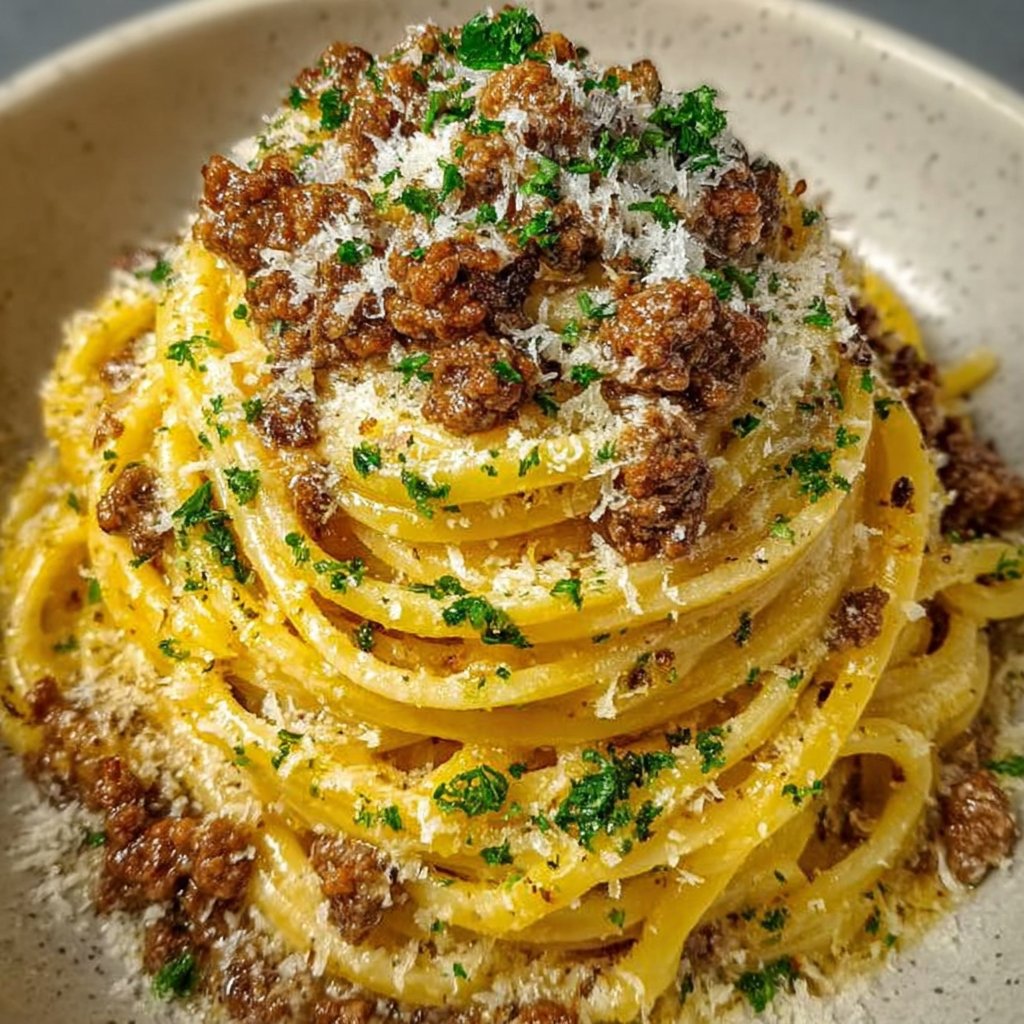 Creamy Parmesan Beef Linguine in Garlic Butter Sauce