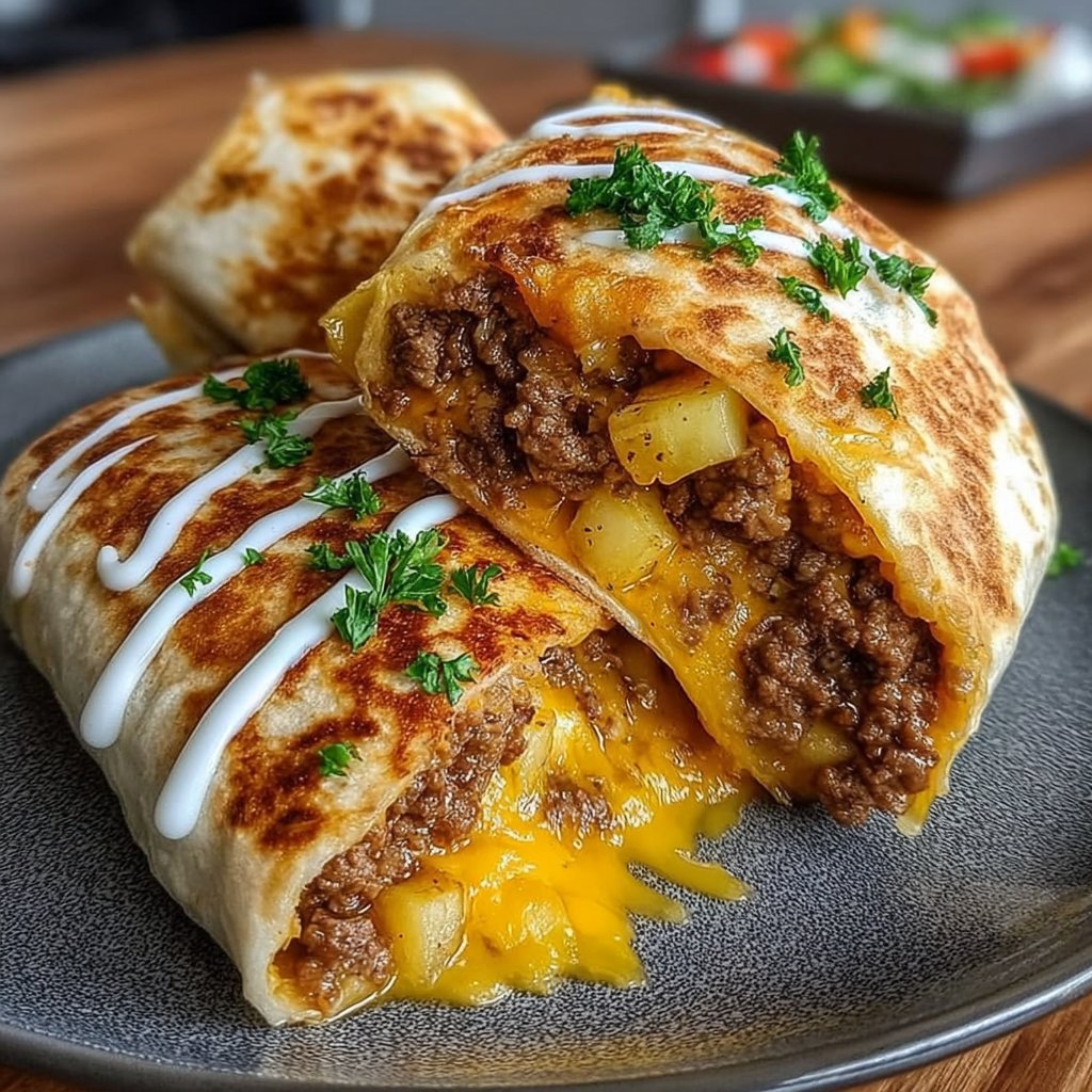 Cheesy Beef & Potato Burritos with Nacho Sauce