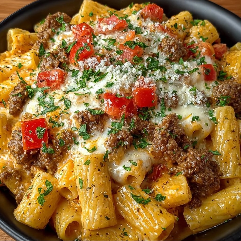 Creamy Cheesy Beef Rigatoni