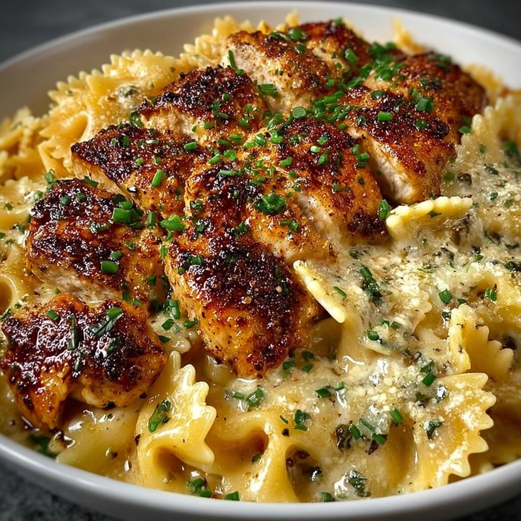 One Pan Creamy Garlic Chicken & Cheesy Bowtie Pasta